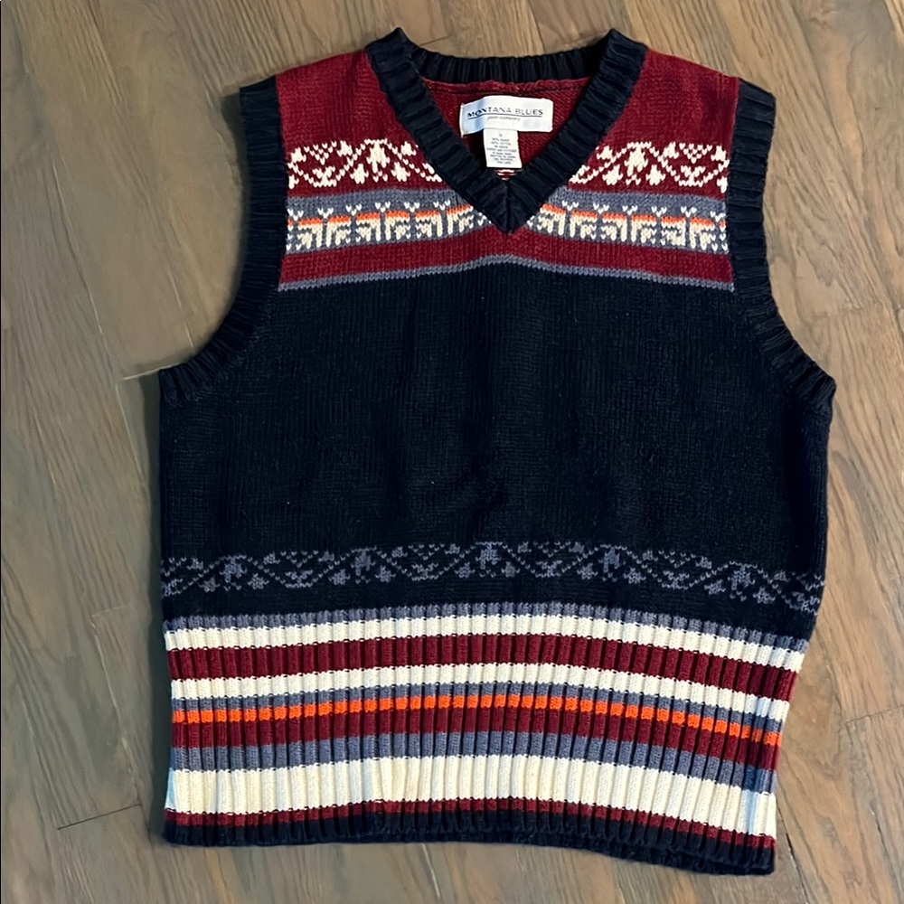Vintage Montana Blues Knitted Sweater Vest Blue/Red Size Medium
